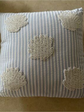Beaded Shell Accent Pillow in Blue Stripe